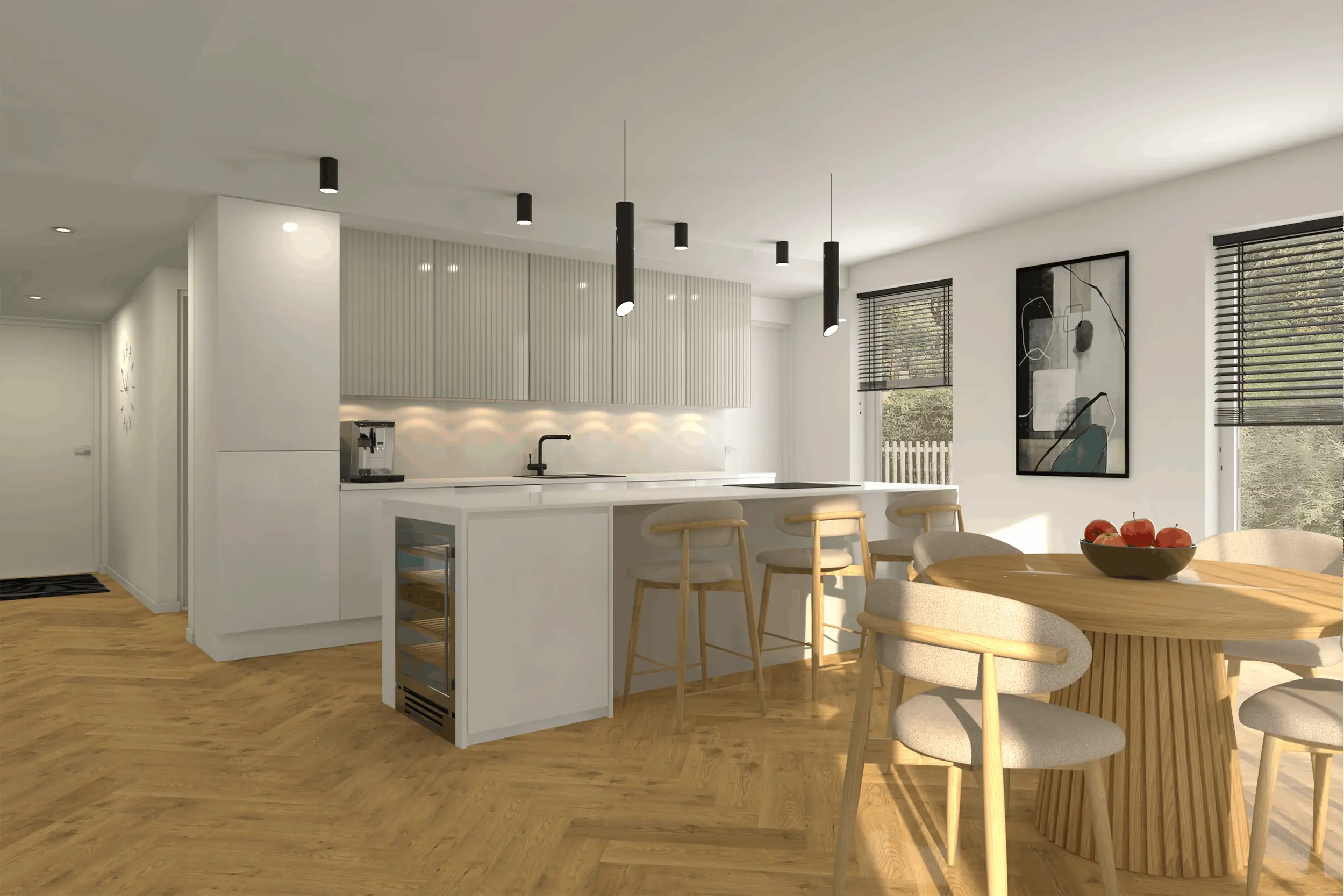 Aiamaja interjöör — köök ja söögilaud modernse valgustusega