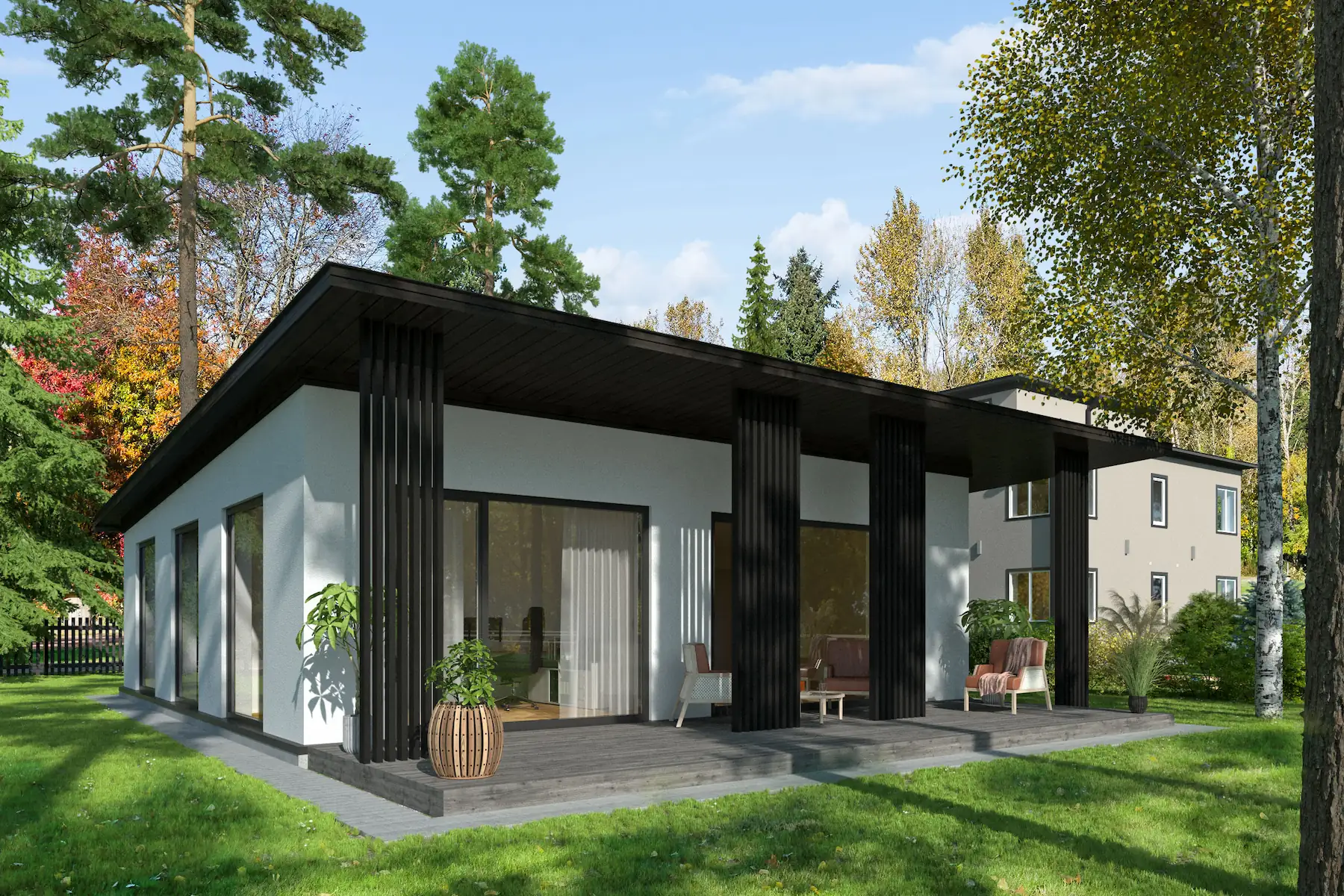 Aiamaja — kaasaegne hoone tumeda puitvoodri ja suurte akendega