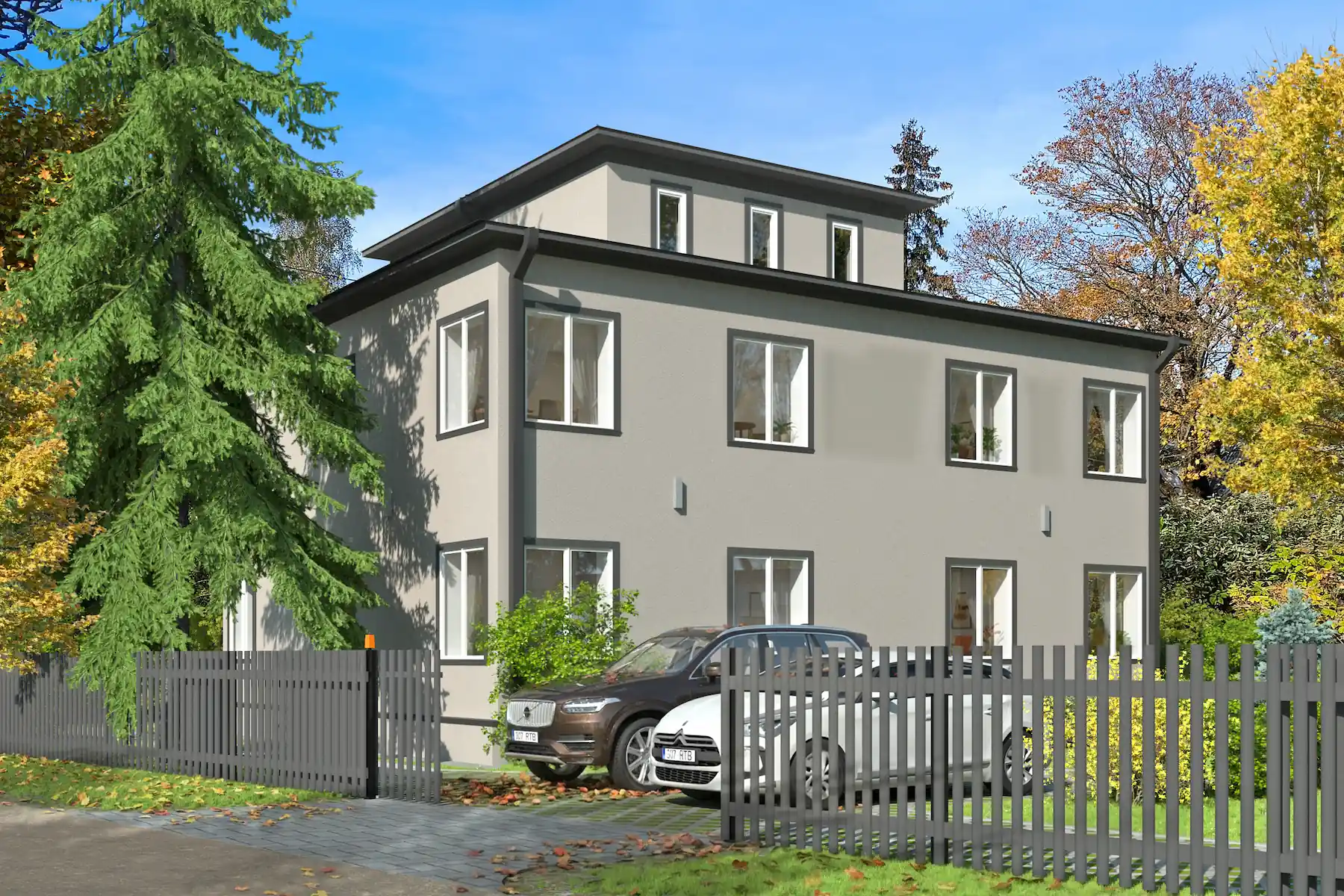 Kortermaja tänavavaade — halli aiaga funktsionalistlik fassaad