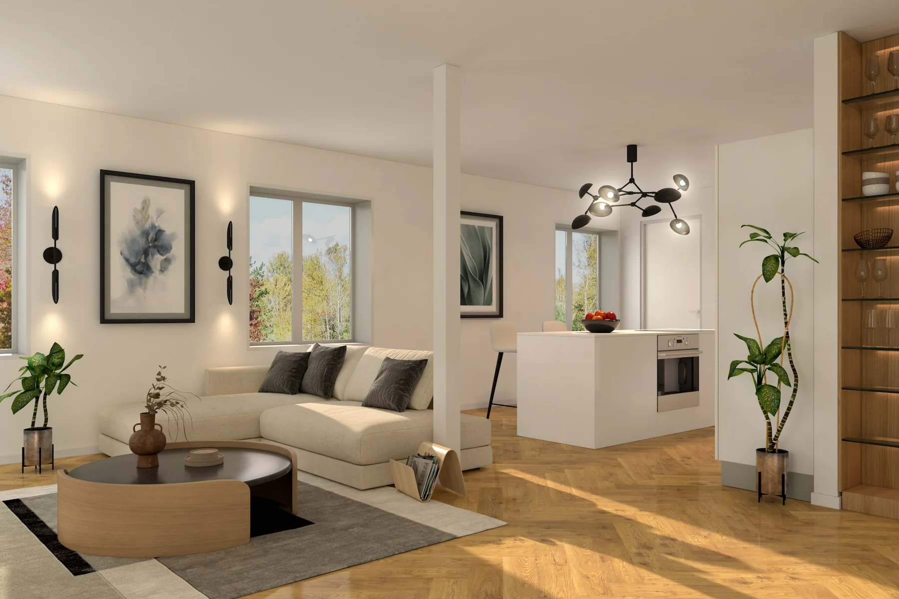 Kortermaja interjöör — avatud elutuba ja köök tamme kalasabapõrandaga